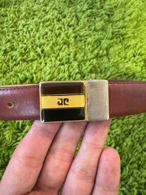 Vintage Courreges Paris Leather Belt with Enamel Logo Buckle